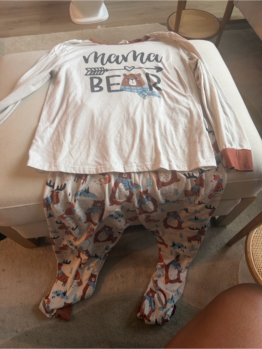 PatPat Mama Bear Pajama Set - Cream, Brown and Blue Accents